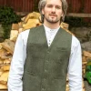 Wool Blend Lined Waistcoat Olive Herringbone