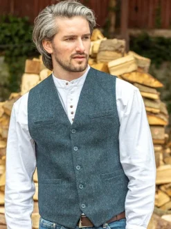 Wool Blend Lined Waistcoat Navy Herringbone
