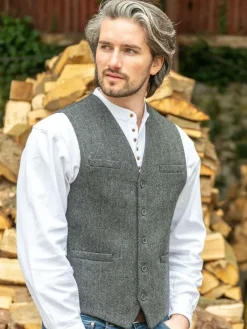 Wool Blend Lined Waistcoat Grey Herringbone