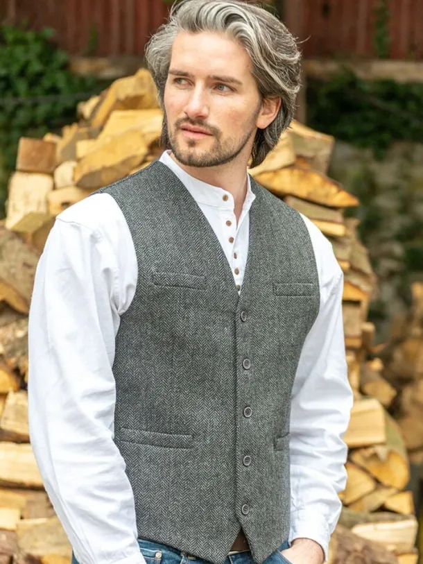 Wool Blend Lined Waistcoat Grey Herringbone
