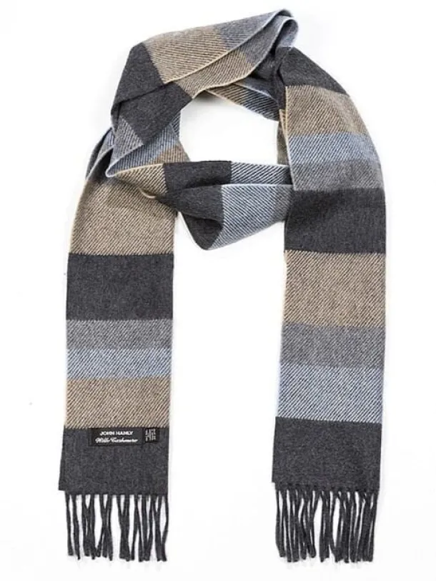 Wool Cashmere Scarf Made in Ireland - Blue/Grey/Beige Mix 8003