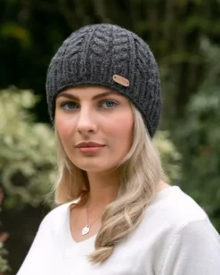 100% Wool Fully Lined Aran Pull on Hat Charcoal
